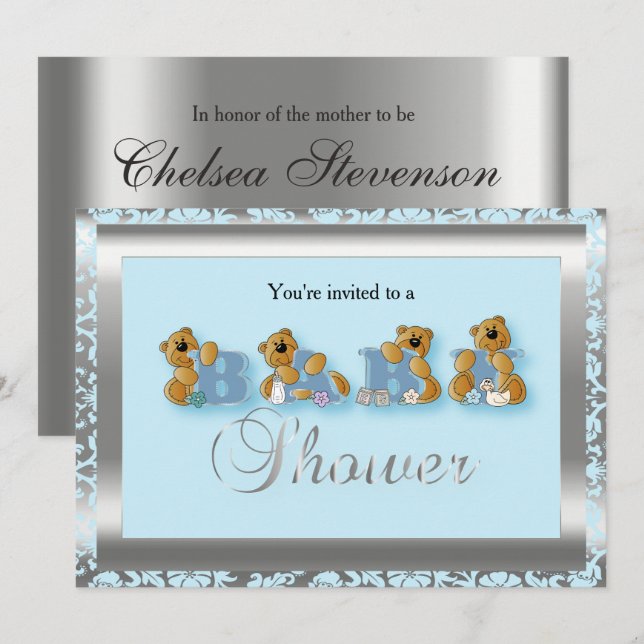 Blue & Silver Damask with Teddy Bear | Baby Shower Invitation (Front/Back)