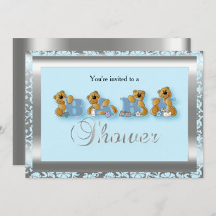 Blue & Silver Damask with Teddy Bear   Baby Shower Invitation