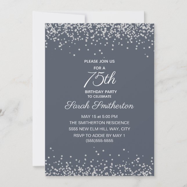 Blue Silver Diamond Glitter 75th Birthday  Invitation (Front)