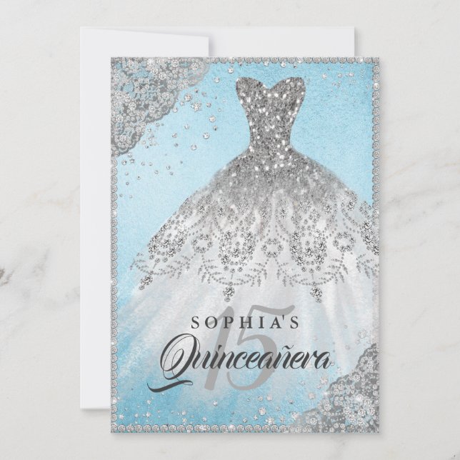 Blue Silver Diamond Lace Sparkle Gown Quinceanera Invitation (Front)