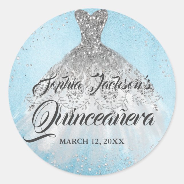 Blue Silver Diamond Sparkle Gown Quinceanera Classic Round Sticker (Front)