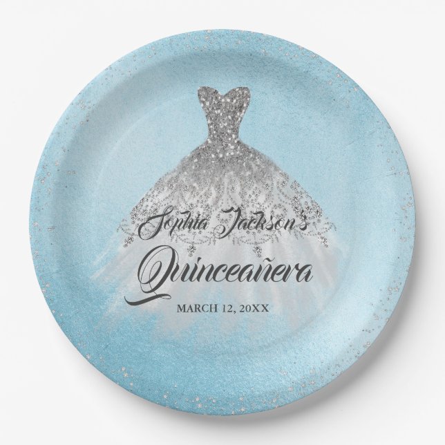 Blue Silver Diamond Sparkle Gown Quinceanera Paper Plate (Front)