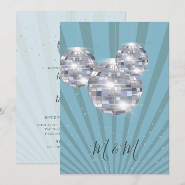 Blue Silver Disco Sun Rays Chic Wedding Invitation (Front/Back)