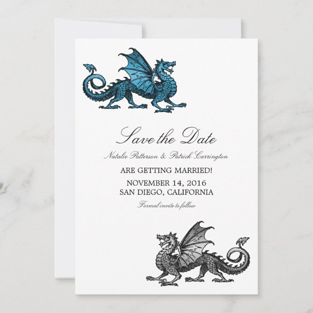 Blue Silver Dragon Save the Date Invite (Front)