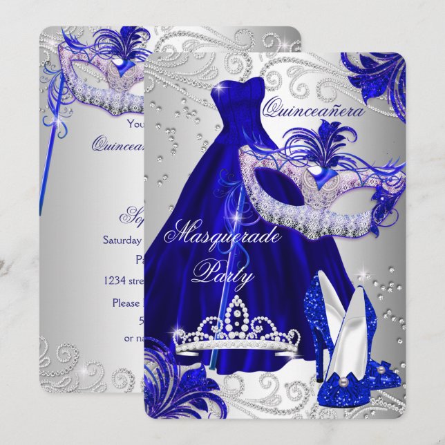 Blue & Silver Dress masquerade Quinceanera Invite (Front/Back)
