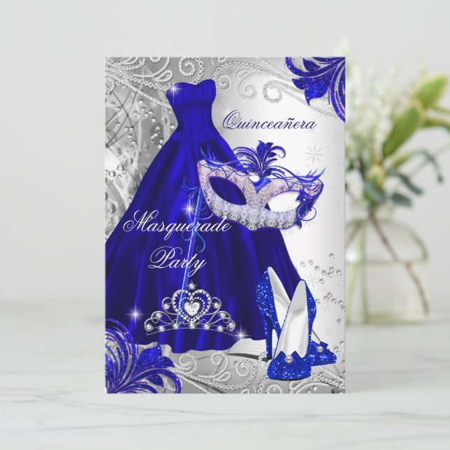 Blue Silver Dress masquerade Quinceanera Tiara Invitation (Standing Front)