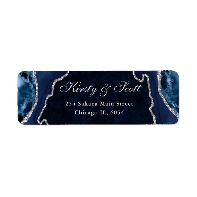 Blue & Silver Faux Glitter Agate Wedding address (Front)