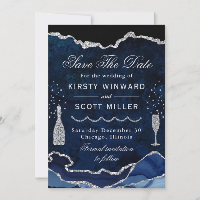 Blue & Silver Faux Glitter Marble Agate Wedding Save The Date (Front)