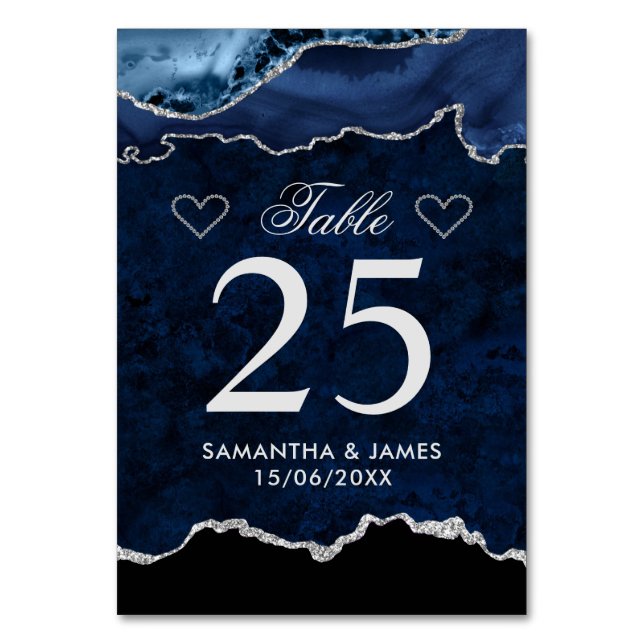 Blue & Silver Faux Glitter Marble Agate Wedding Table Number (Front)