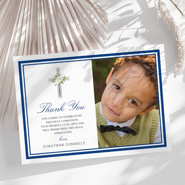 Blue Silver First Holy Communion Photo Thank You Card (Creator Uploaded)
