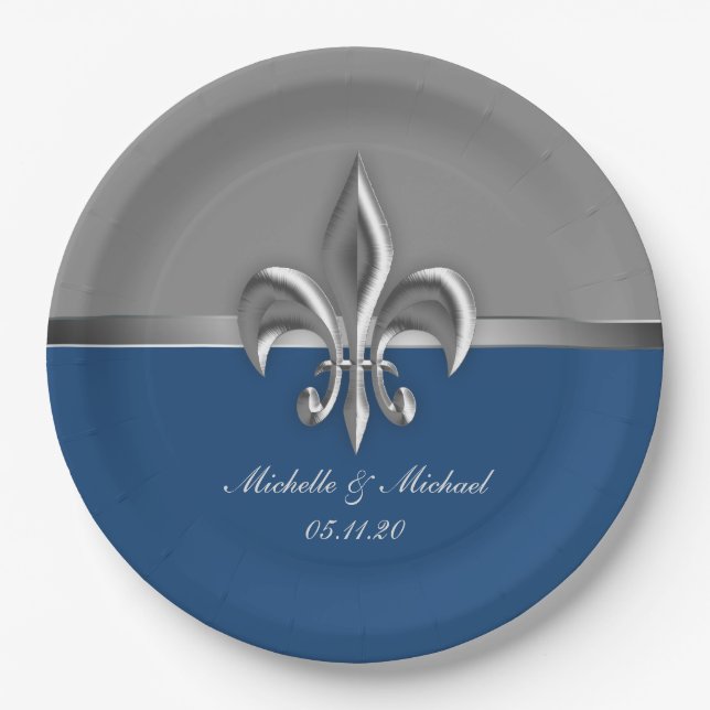 Blue Silver Fleur de Lis Paper Plate (Front)