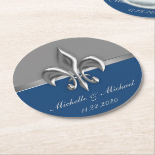 Blue Silver Fleur de Lis Round Paper Coaster
