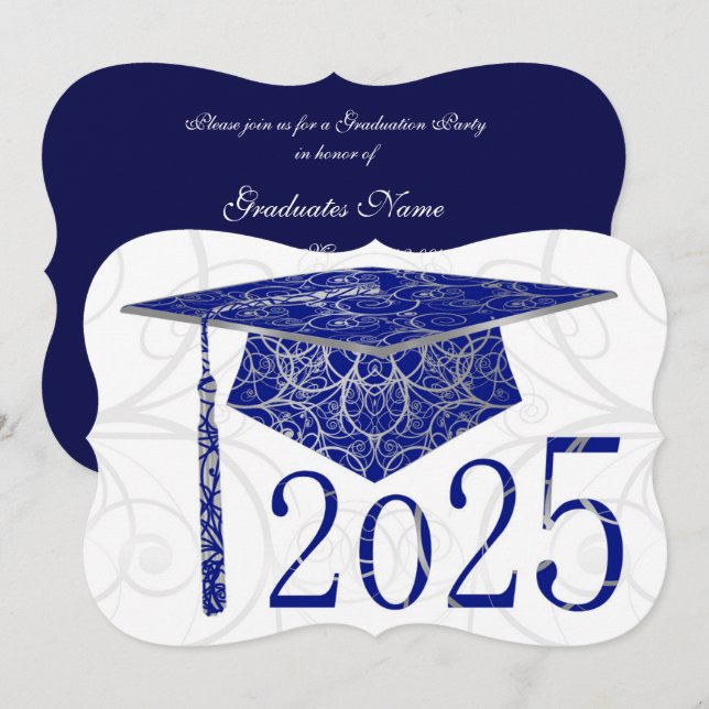 Blue & Silver Floral Cap 2025 Graduation Party Invitation (Front/Back)