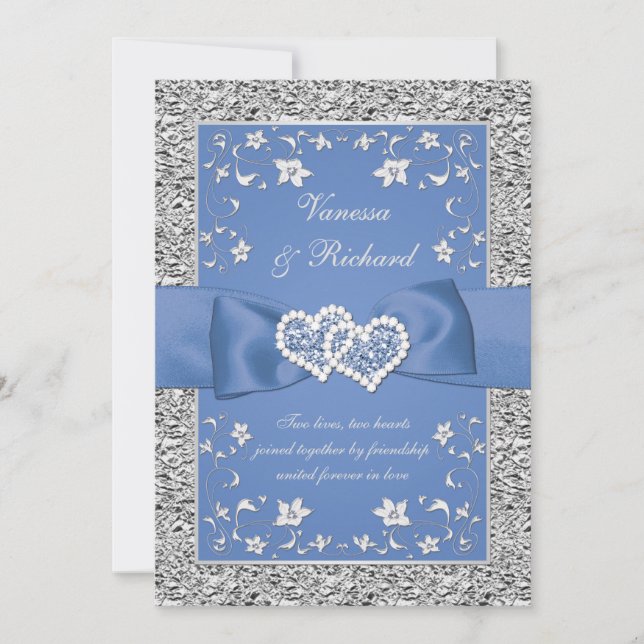 Blue Silver Floral Hearts FAUX Foil Wedding Invite (Front)