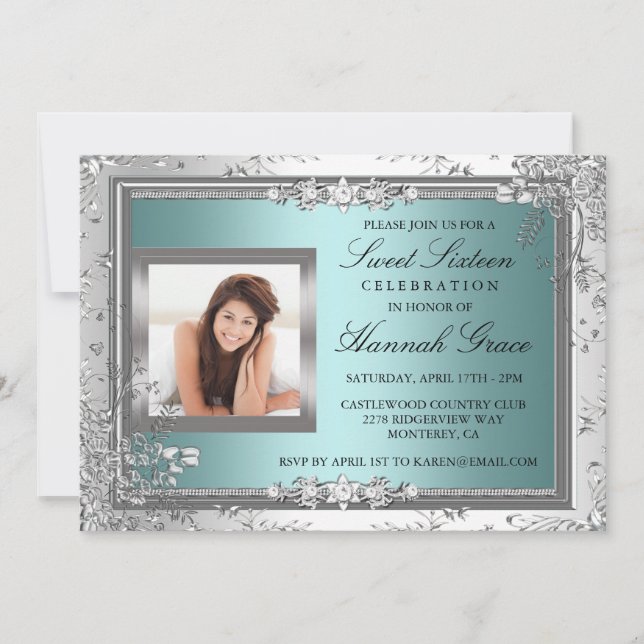 Blue & silver floral Photo Sweet Sixteen Invite (Front)