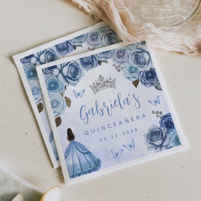 Blue Silver Floral Quinceañera Party Napkin (Creator Uploaded)