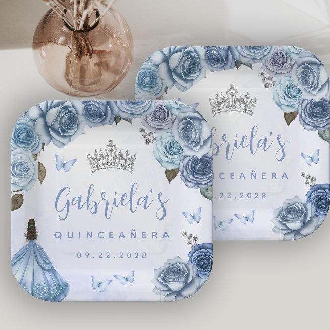 Blue Silver Floral Quinceañera Party Paper Plate (Creator Uploaded)