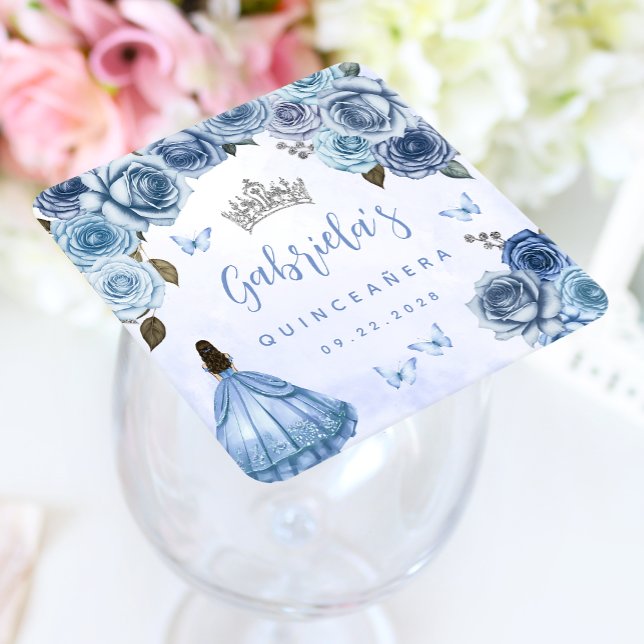 Blue Silver Floral Quinceañera Party Square Paper Coaster (Creator Uploaded)