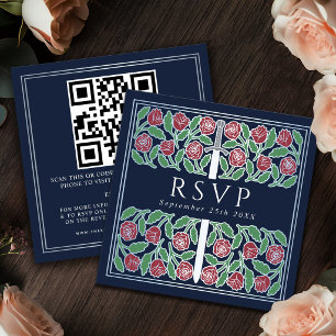 Blue Silver Floral Royal Wedding RSVP QR Code  Enclosure Card