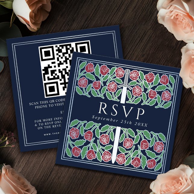 Blue Silver Floral Royal Wedding RSVP QR Code  Enclosure Card (Creator Uploaded)