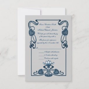 Blue Silver Floral Swirls Wedding  RSVP Card