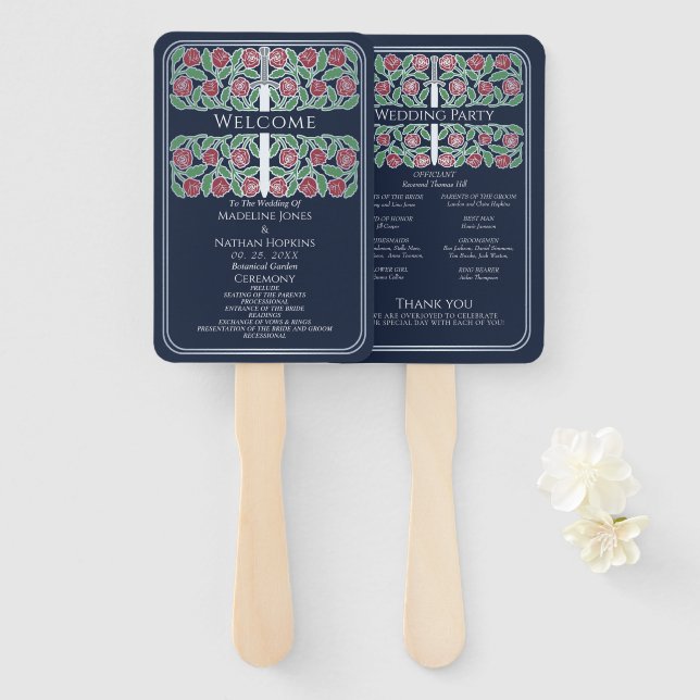 Blue Silver Floral Sword Royal Wedding Program Hand Fan (Front and Back)