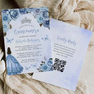 Blue Silver Floral Watercolor QR Code Quinceañera Invitation