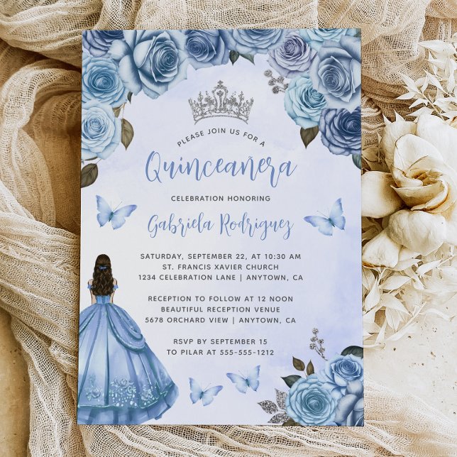 Blue Silver Floral Watercolor Quinceañera Invitation (Creator Uploaded)