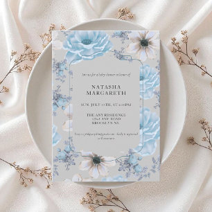 Blue Silver Floral Winter Baby Shower Elegant Boho Invitation