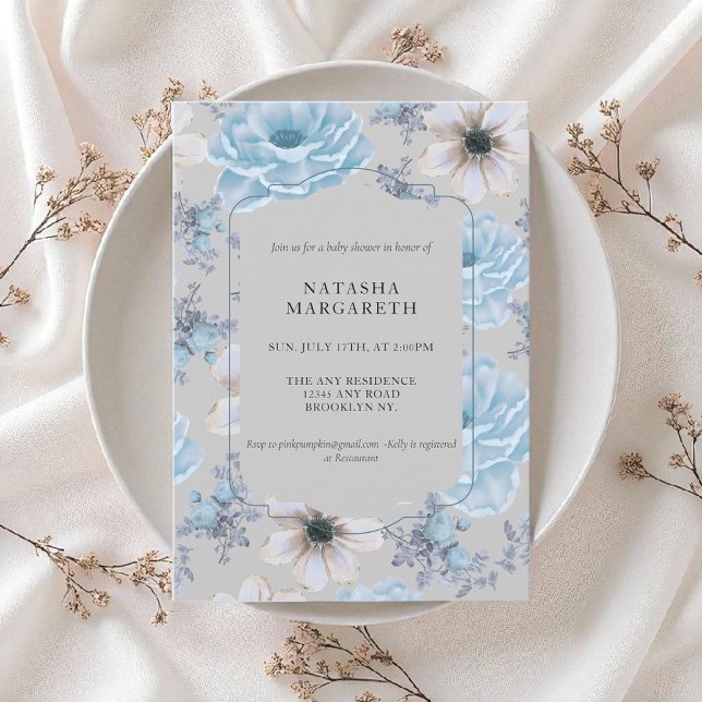 Blue Silver Floral Winter Baby Shower Elegant Boho Invitation (Creator Uploaded)