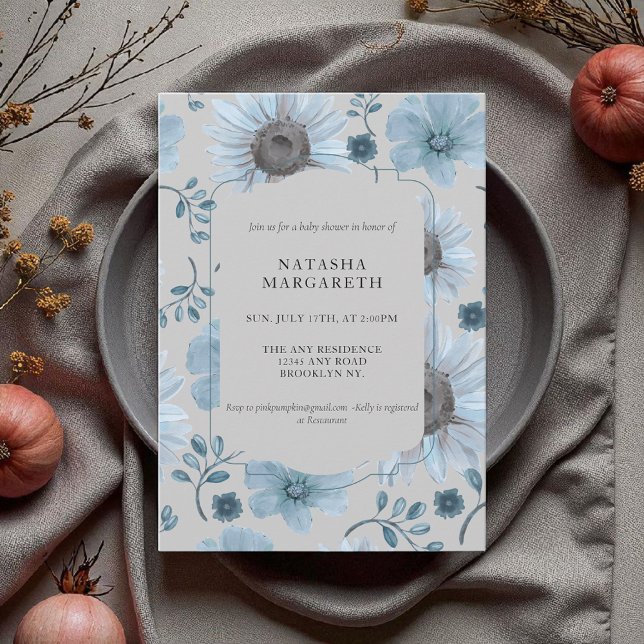 Blue Silver Floral Winter Baby Shower Elegant Boho Invitation (Creator Uploaded)