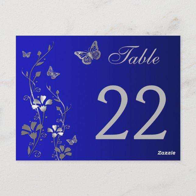 Blue Silver Floral with Butterflies Table Number Postcard (Back)