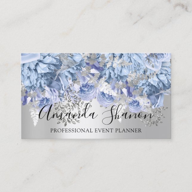 Blue Silver Flower Logo Event Planner  QR Code Business Card (Front)