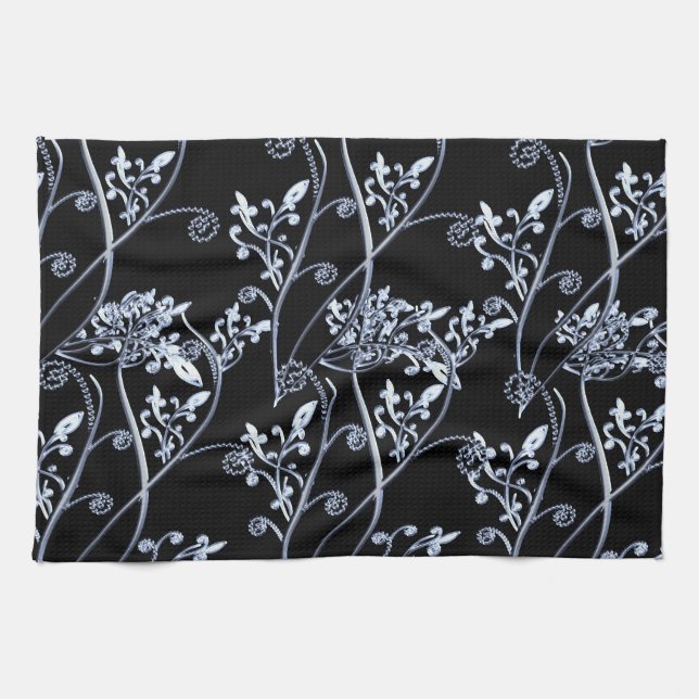Blue Silver Flower Vines On Black Tea Towel (Horizontal)
