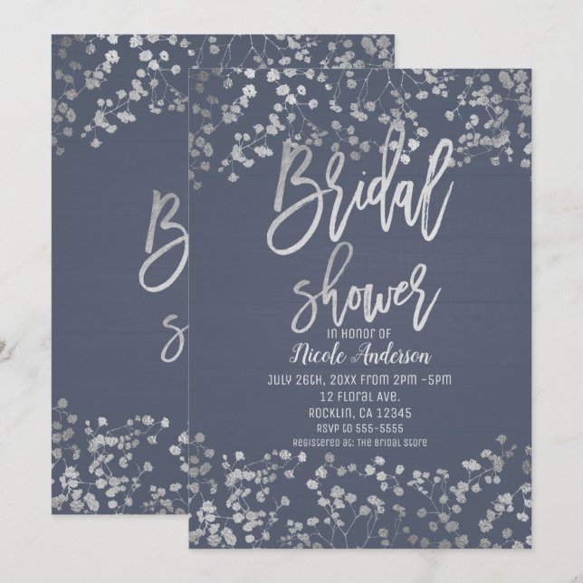 Blue Silver Foil Babys Breath Modern Bridal Shower Invitation (Front/Back)