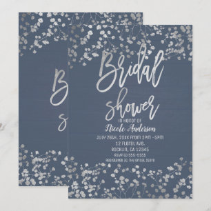 Blue Silver Foil Babys Breath Modern Bridal Shower Invitation