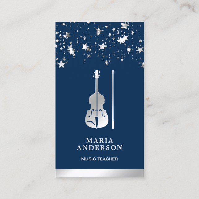 Blue Silver Foil Violin Music Teacher Violinist Business Card (Front)