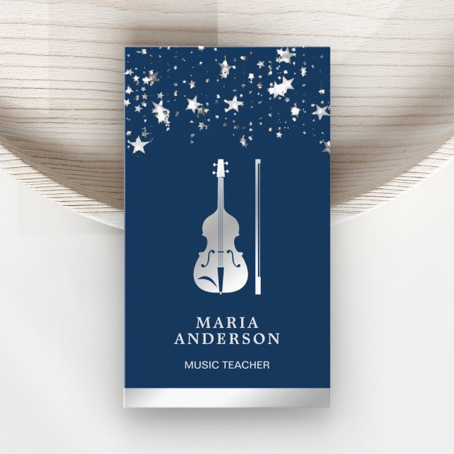 Blue Silver Foil Violin Music Teacher Violinist Business Card (Creator Uploaded)
