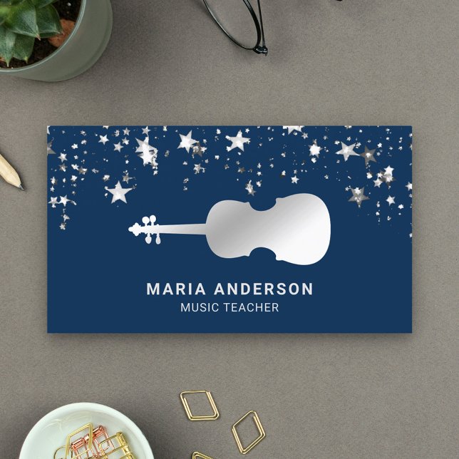 Blue Silver Foil Violin Music Teacher Violinist Business Card (Creator Uploaded)