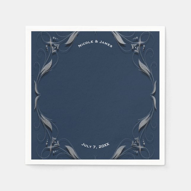 Blue & Silver Frame Elegant Vintage Wedding Party Napkin (Front)