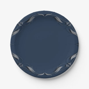 Blue & Silver Frame Elegant Vintage Wedding Party Paper Plate