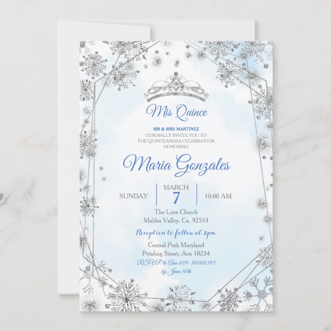 Blue & Silver Geometric Christmas Mis Quince Party Invitation (Front)