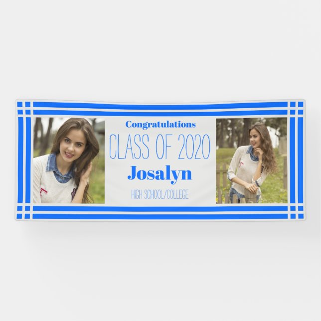 Blue Silver Geometric Two Photos Graduation Banner (Horizontal)