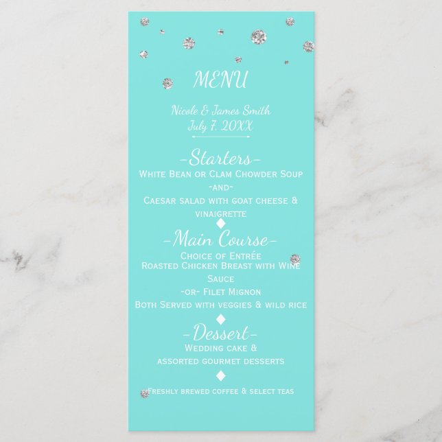 Blue & Silver Glam Faux Glitter Menu Card (Front)