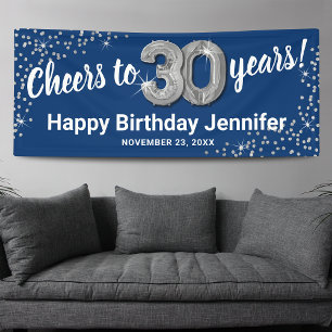 Blue Silver Glitter 30th Birthday Banner