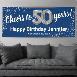 Blue Silver Glitter 50th Birthday Banner