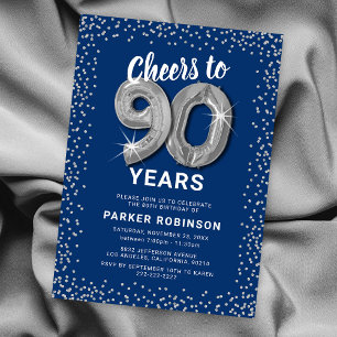 Blue Silver Glitter 90th Birthday Invitation