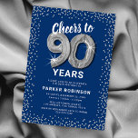 Blue Silver Glitter 90th Birthday Template<br><div class="desc">Elegant ninetieth birthday party invitation featuring a stylish blue background that can be changed to any colour,  silver sparkly glitter,  ninty silver hellium balloons,  and a modern 90th birthday celebration text template that is easy to personalise.</div>