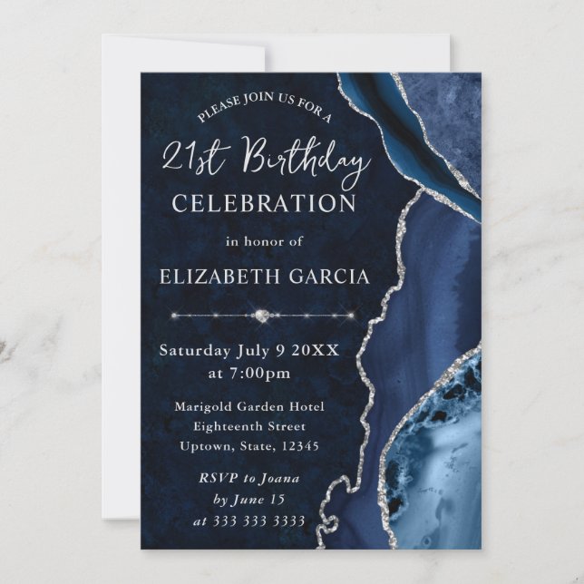 Blue & Silver Glitter Agate and marble Birthday Invitation (Front)