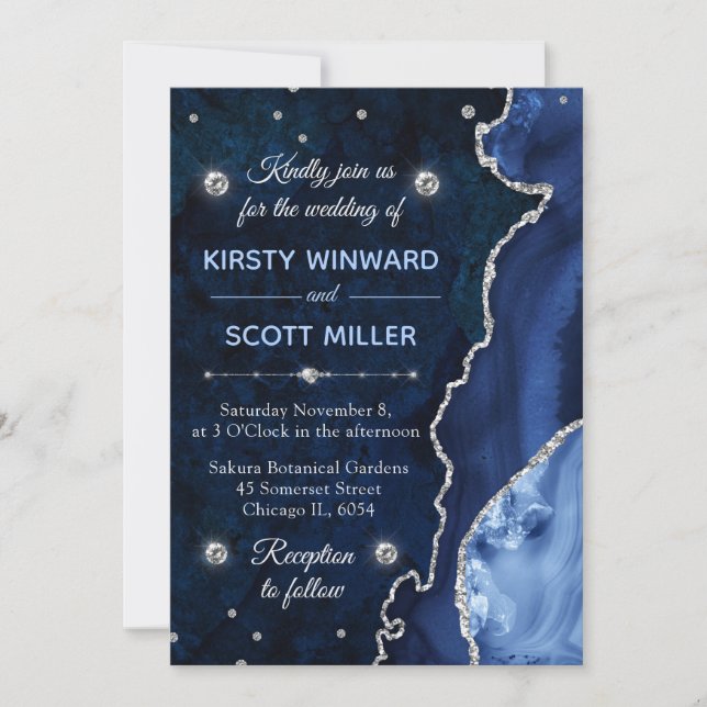 Blue & Silver Glitter Agate and marble Wedding Invitation (Front)